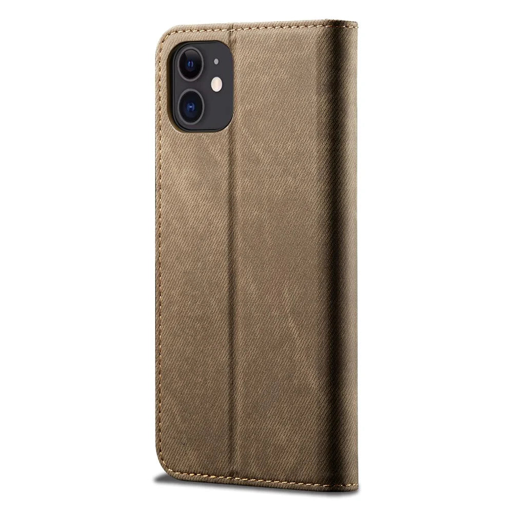 All-round Protection Jeans Cloth Texture Leather Wallet Stand Case for iPhone 13 mini 5.4 inch - Green - 3