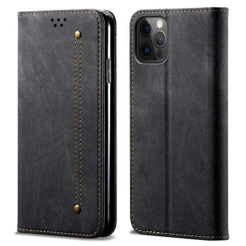 Jeans Cloth Texture All-round Protection Leather Wallet Stand Case for iPhone 13 Pro 6.1 inch - Black - 1