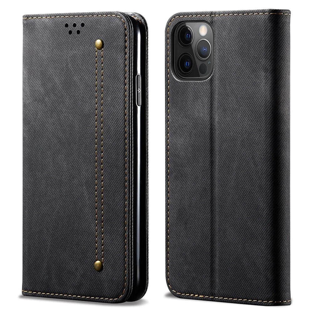 Jeans Cloth Texture All-round Protection Leather Wallet Stand Case for iPhone 13 Pro 6.1 inch - Black - 1