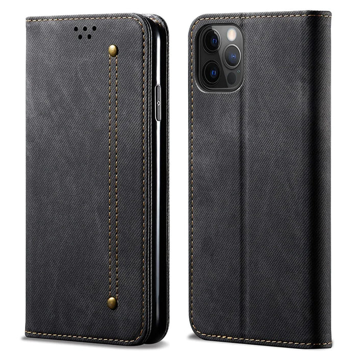 Jeans Cloth Texture All-round Protection Leather Wallet Stand Case for iPhone 13 Pro 6.1 inch - Black - 1