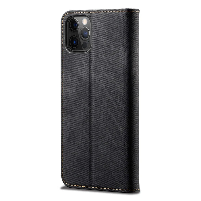 Jeans Cloth Texture All-round Protection Leather Wallet Stand Case for iPhone 13 Pro 6.1 inch - Black - 3