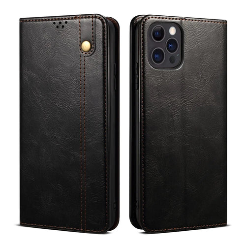 Wallet Design Oil-Waxy Leather Full Protection Phone Stand Case for iPhone 13 6.1 inch - Black - 1