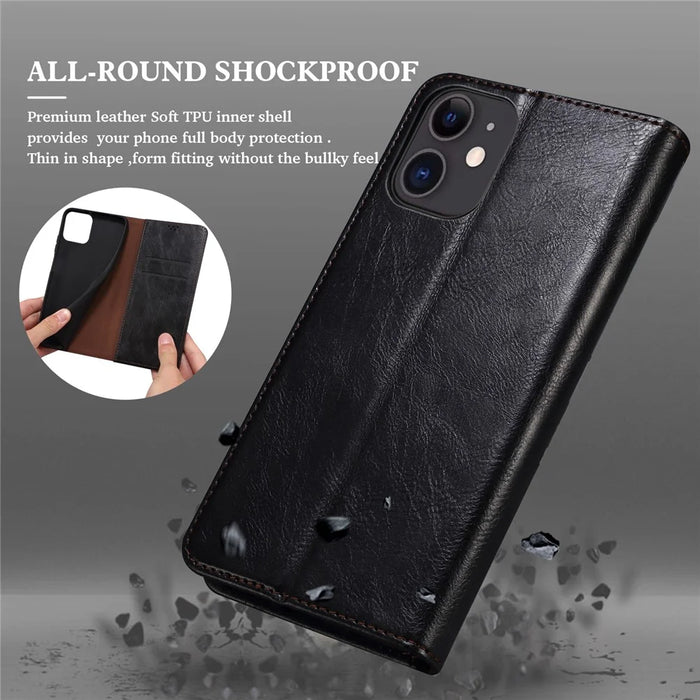Wallet Design Oil-Waxy Leather Full Protection Phone Stand Case for iPhone 13 6.1 inch - Black - 4