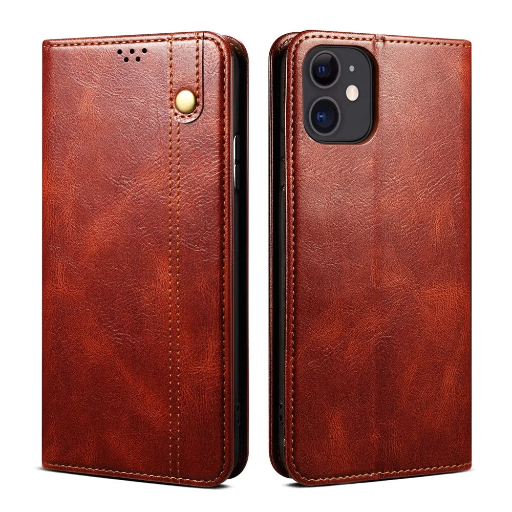 Full Protection Wallet Design Oil-Waxy Leather Phone Stand Case for iPhone 13 mini 5.4 inch - Brown - 1
