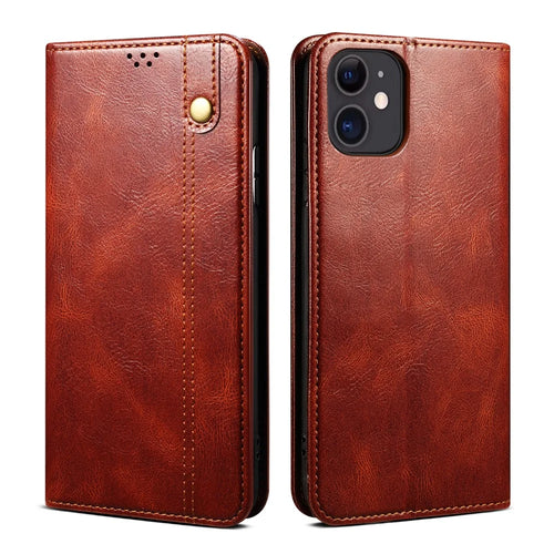 Full Protection Wallet Design Oil-Waxy Leather Phone Stand Case for iPhone 13 mini 5.4 inch - Brown - 1