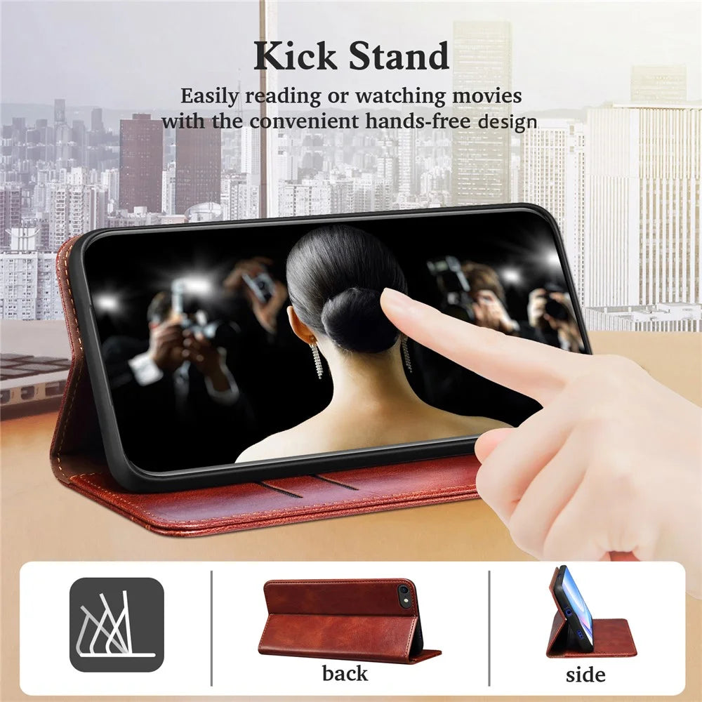 Full Protection Wallet Design Oil-Waxy Leather Phone Stand Case for iPhone 13 mini 5.4 inch - Brown - 3