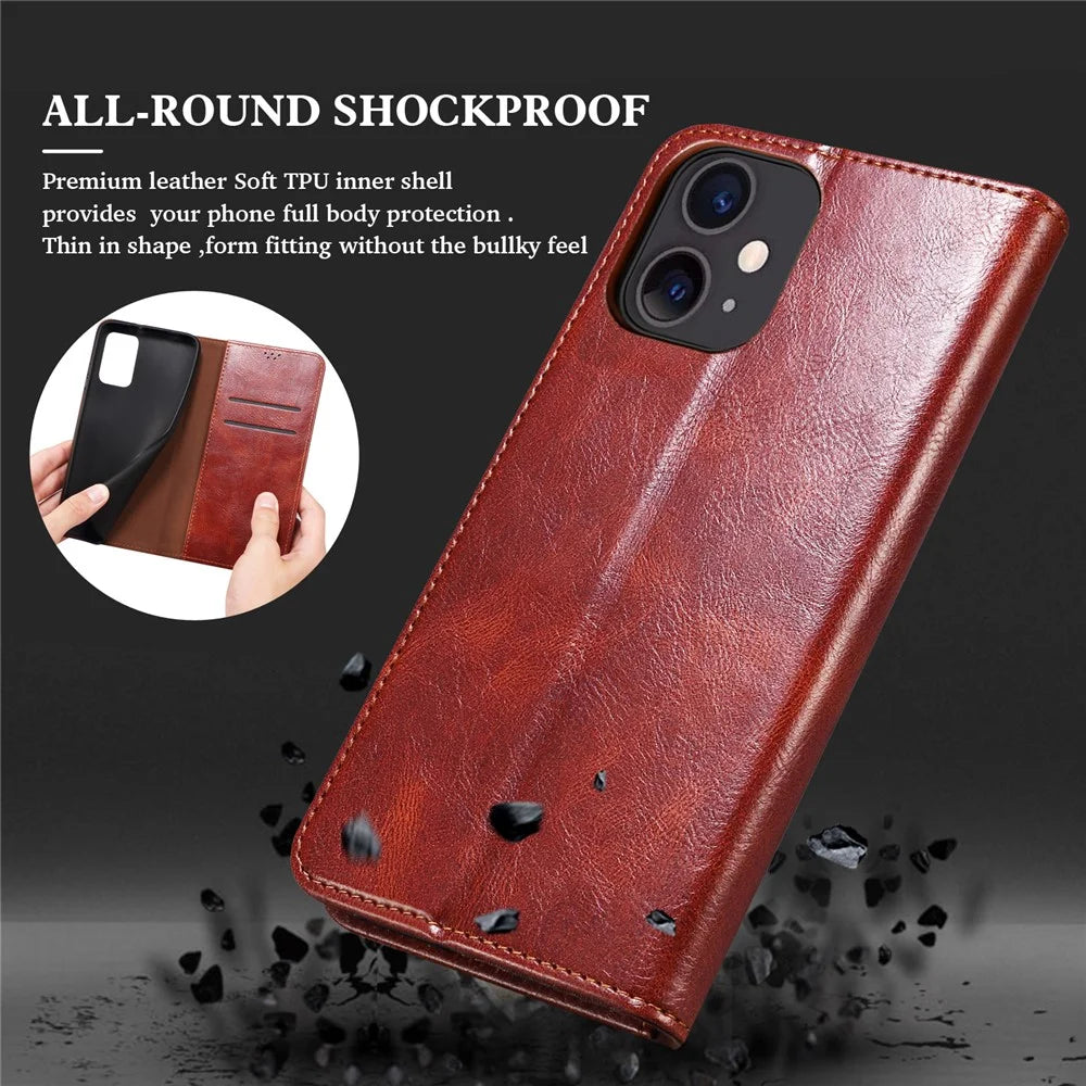 Full Protection Wallet Design Oil-Waxy Leather Phone Stand Case for iPhone 13 mini 5.4 inch - Brown - 4