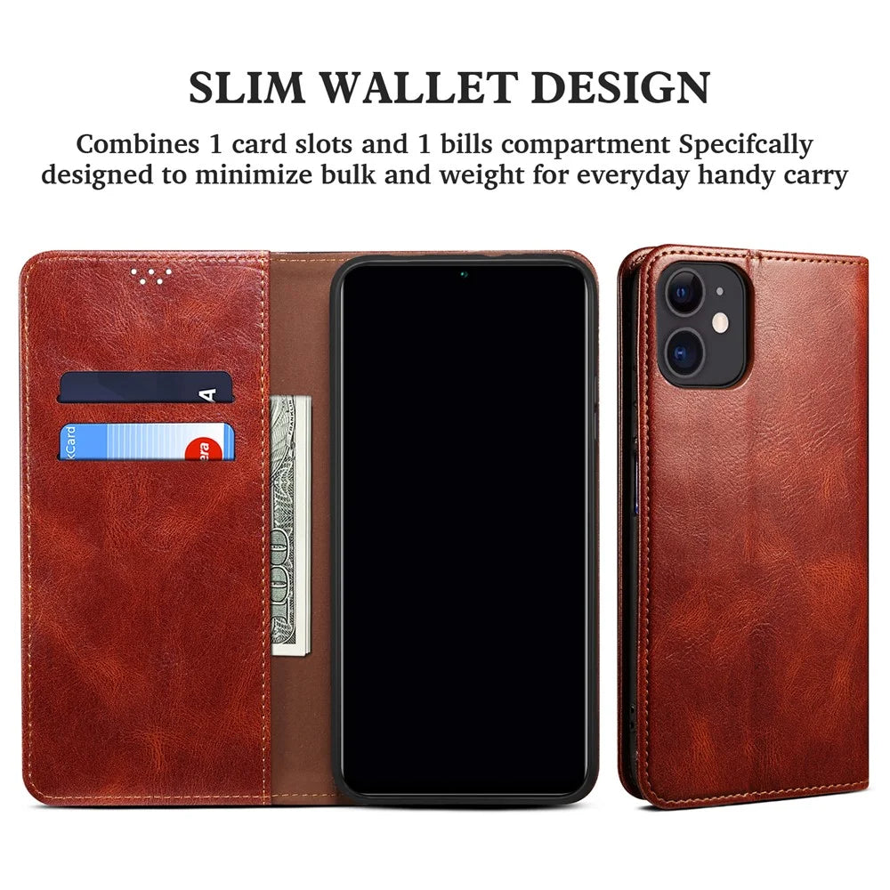 Full Protection Wallet Design Oil-Waxy Leather Phone Stand Case for iPhone 13 mini 5.4 inch - Brown - 5