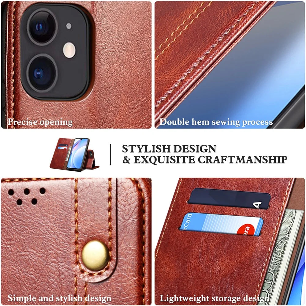 Full Protection Wallet Design Oil-Waxy Leather Phone Stand Case for iPhone 13 mini 5.4 inch - Brown - 6