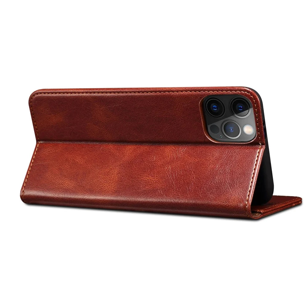 Oil Wax Surface PU Leather + Inner TPU Case Wallet Mobile Phone Shell for iPhone 13 Pro Max 6.7 inch - Brown - 5