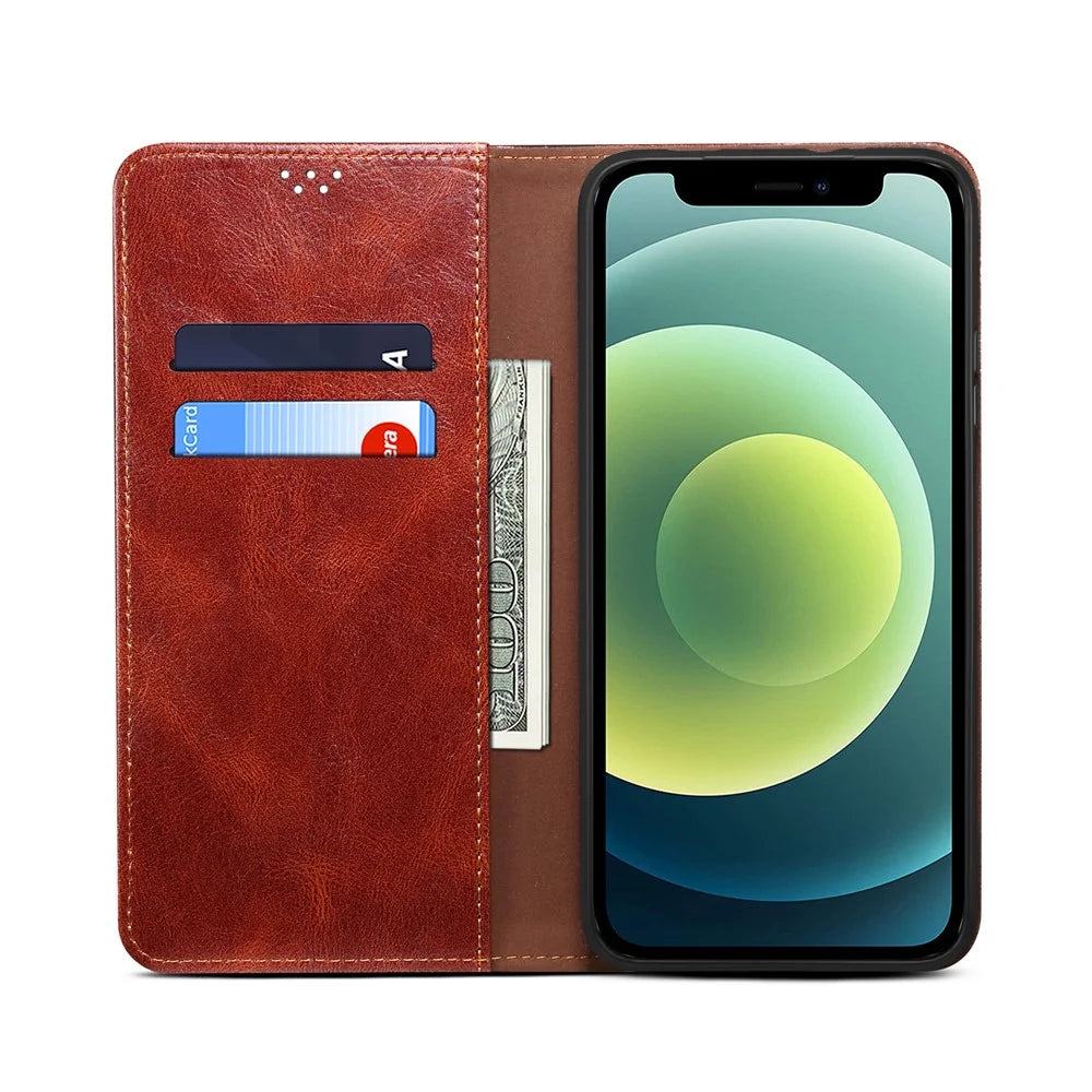 Oil Wax Surface PU Leather + Inner TPU Case Wallet Mobile Phone Shell for iPhone 13 Pro Max 6.7 inch - Brown - 7