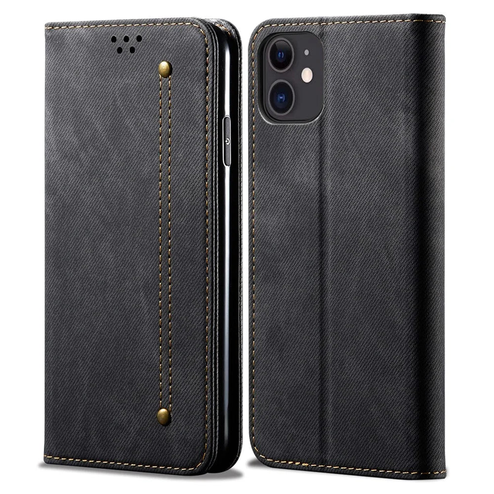 Jeans Cloth Texture Full Protection Leather Wallet Case with Stand for iPhone 13 6.1 inch - Black - 1