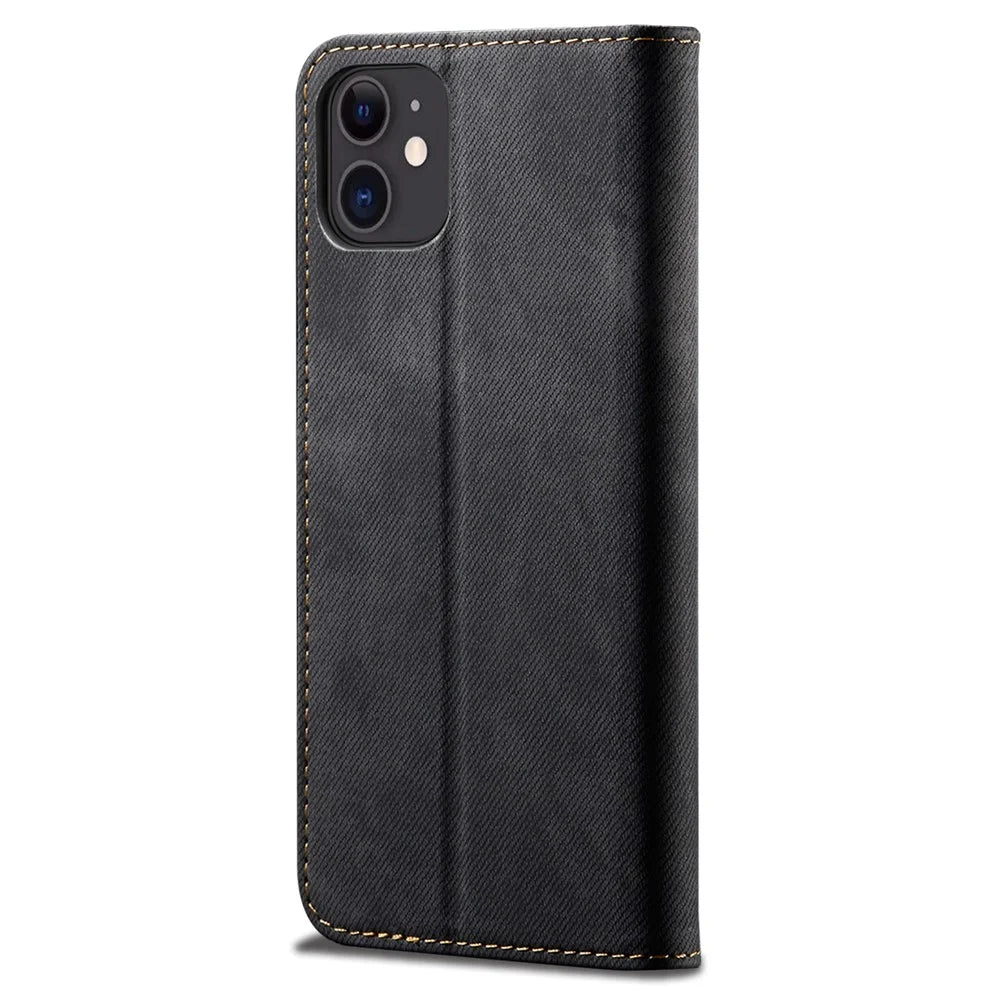 Jeans Cloth Texture Full Protection Leather Wallet Case with Stand for iPhone 13 6.1 inch - Black - 3
