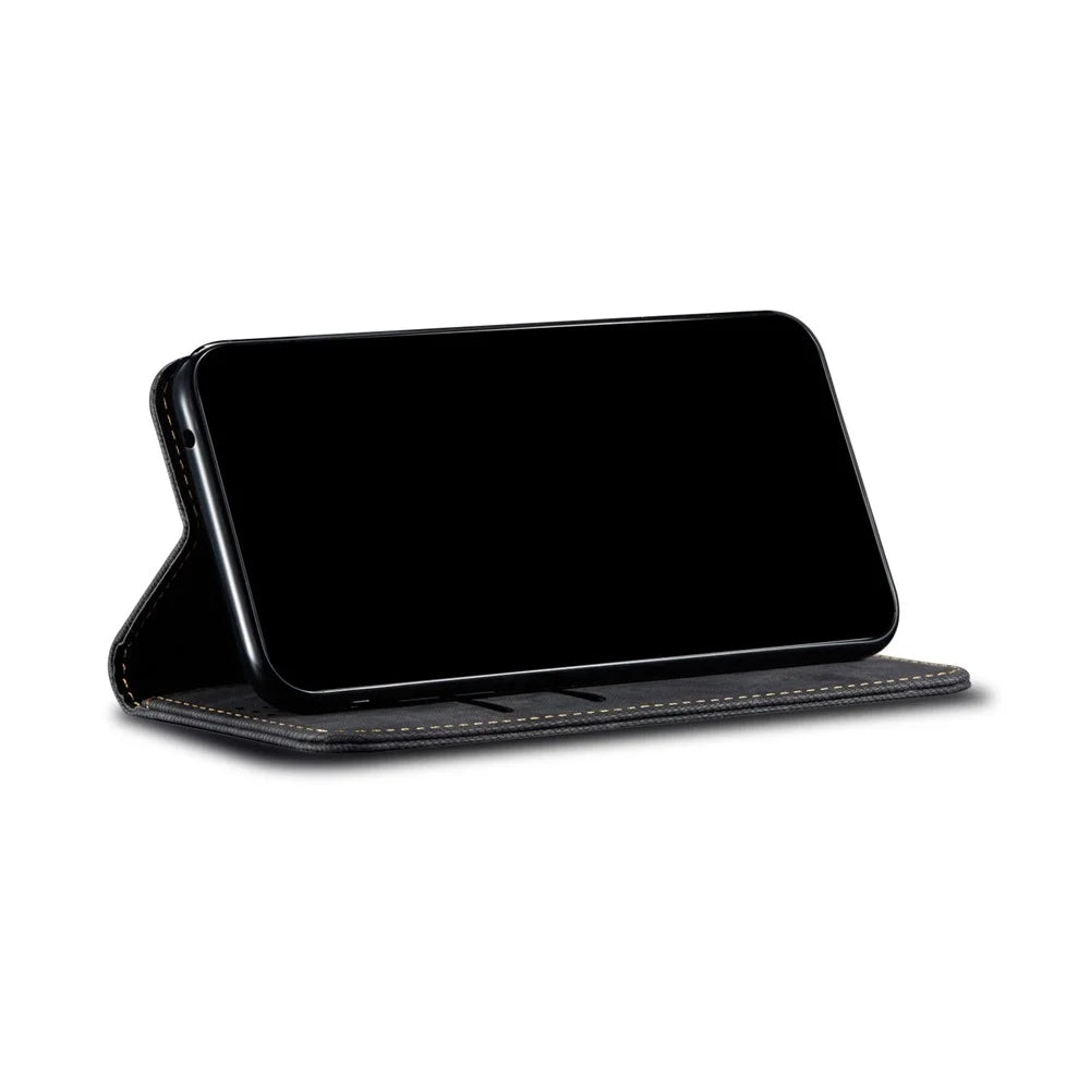 Jeans Cloth Texture Full Protection Leather Wallet Case with Stand for iPhone 13 6.1 inch - Black - 4