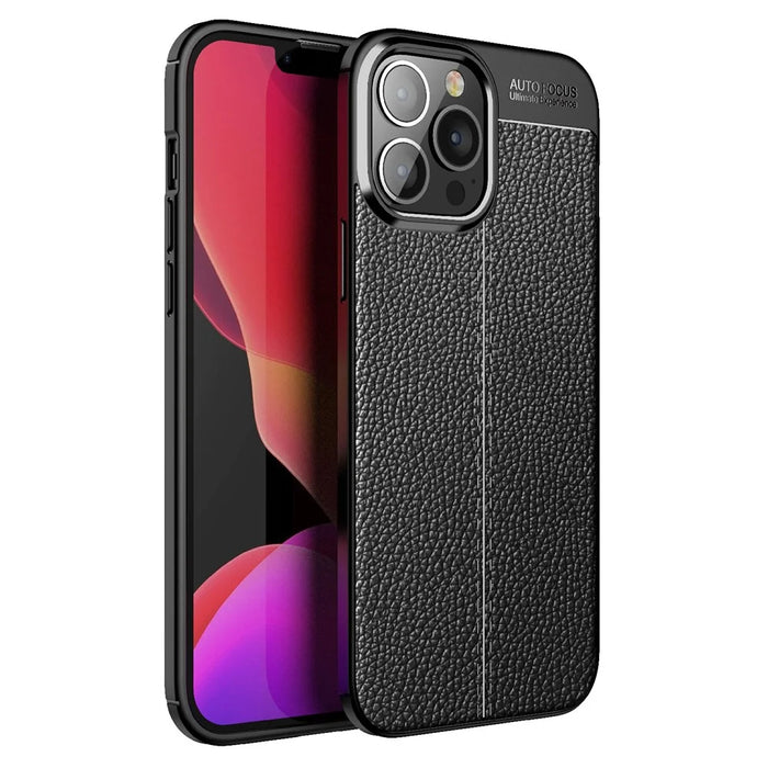 Soft TPU Litchi Texture Phone Back Case for iPhone 13 Pro Max - Black - 1