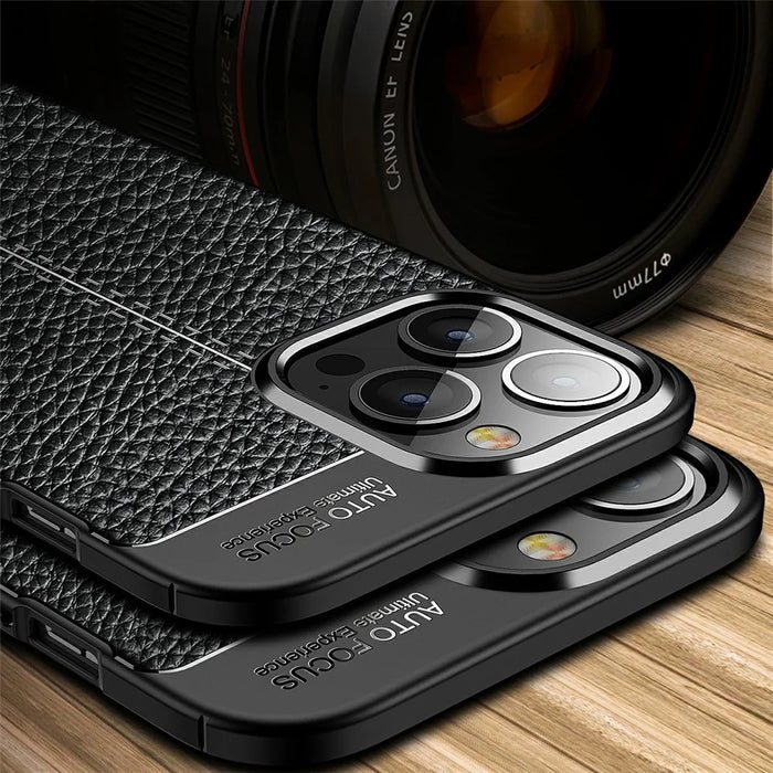 Soft TPU Litchi Texture Phone Back Case for iPhone 13 Pro Max - Black - 4