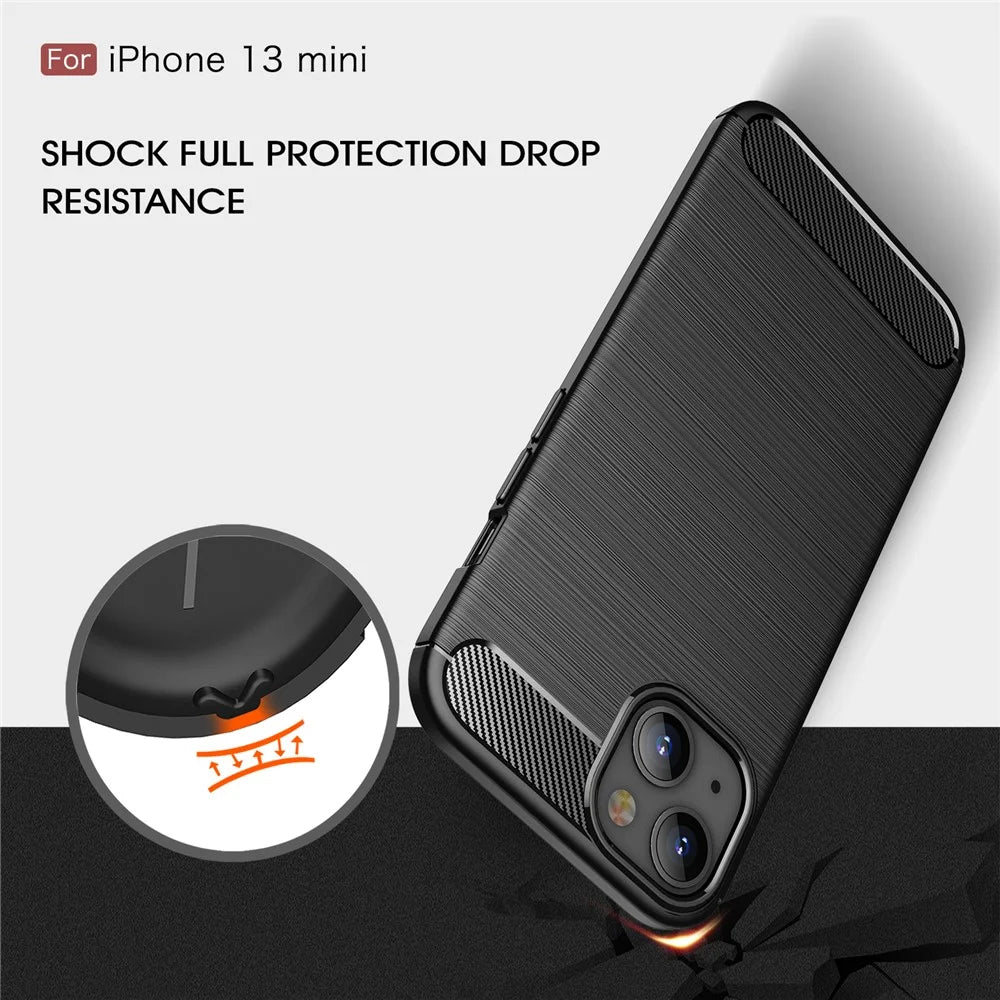 TPU Carbon Fiber Texture Brushed Flexible Phone Protective Back Case for iPhone 13 mini 5.4 inch - Black - 2
