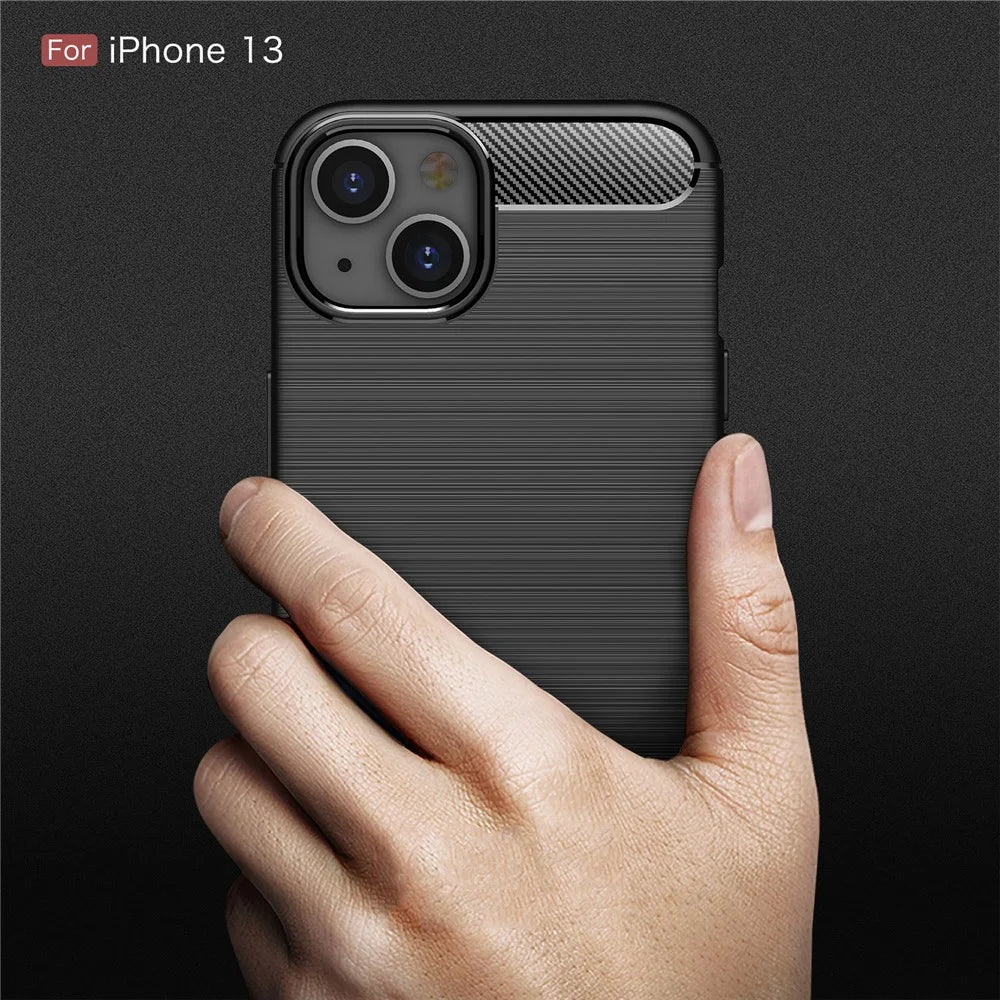 For iPhone 13 6.1 inch Fashion Brushed Flexible Soft TPU Anti-Scratch Carbon Fiber Protective Cover - Black - 7