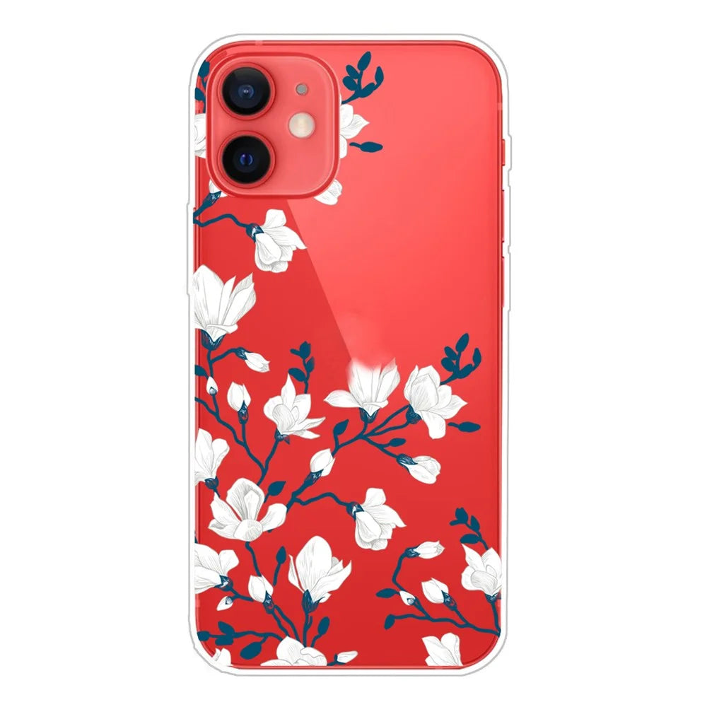 Cute Pattern Printing Design Soft TPU Shock Clear Protective Back Case for iPhone 13 6.1 inch - White Flowers - 1