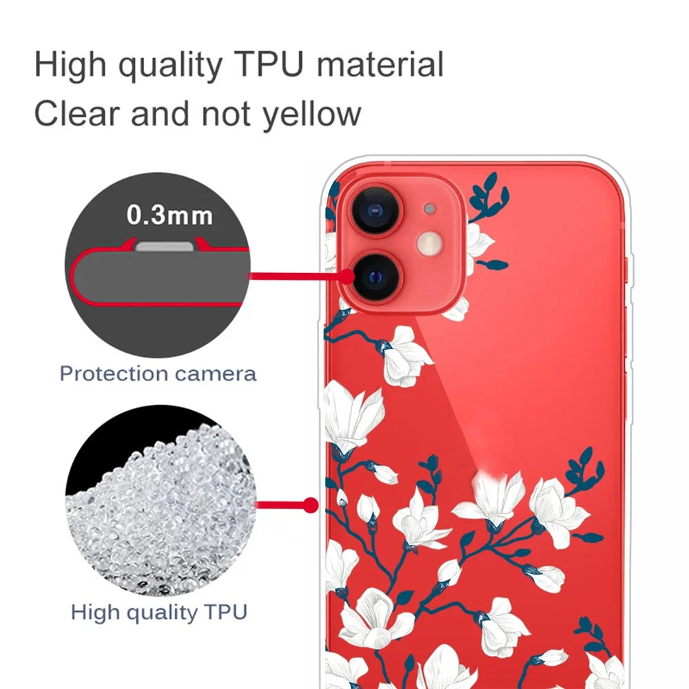 Cute Pattern Printing Design Soft TPU Shock Clear Protective Back Case for iPhone 13 6.1 inch - White Flowers - 3
