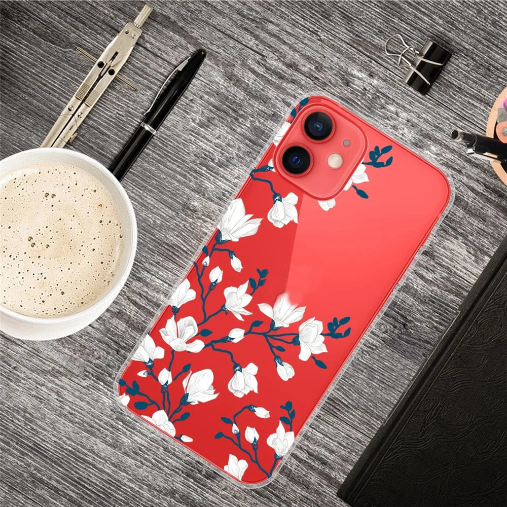 Cute Pattern Printing Design Soft TPU Shock Clear Protective Back Case for iPhone 13 6.1 inch - White Flowers - 4