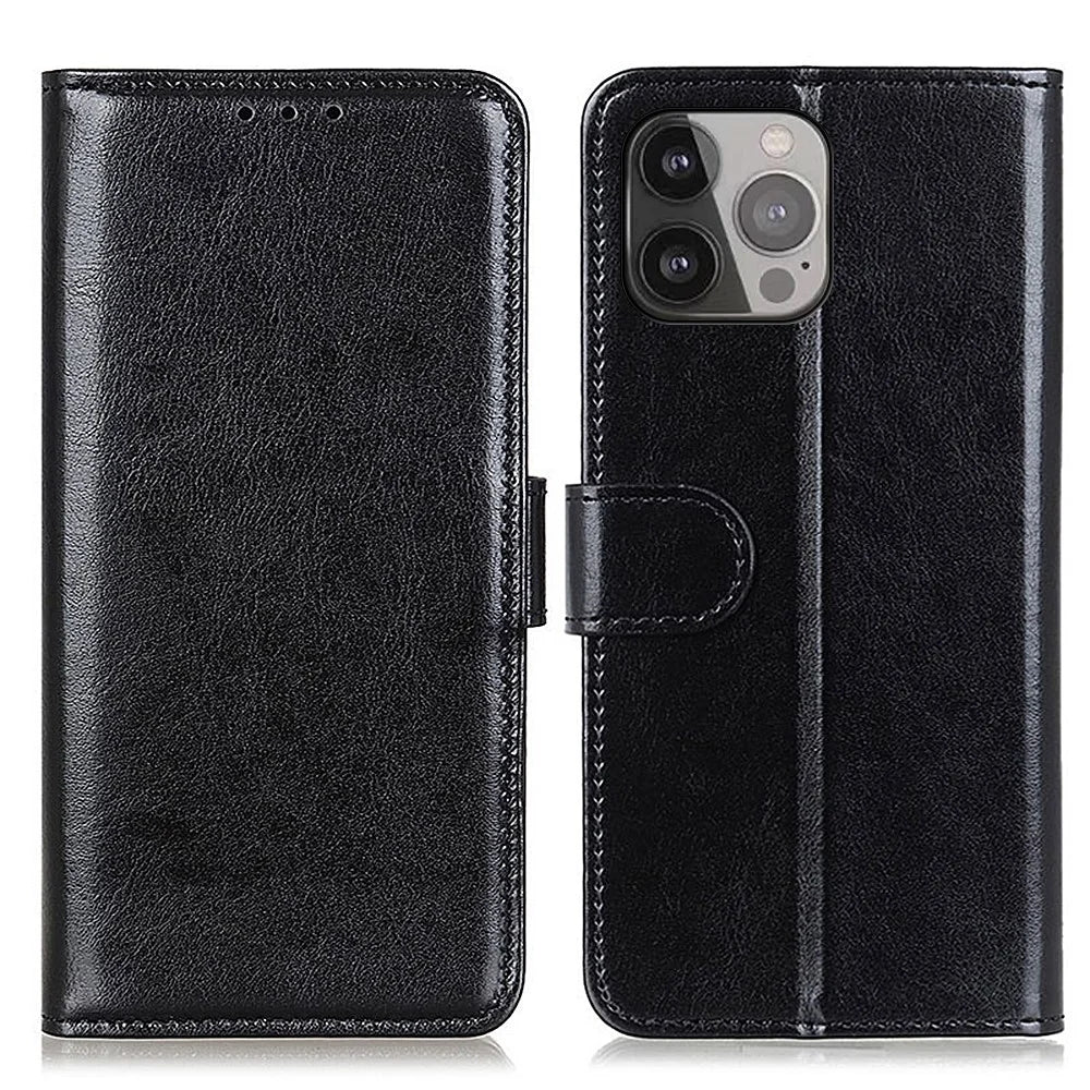 Crazy Horse Texture Design Premium PU Leather Folio Flip Stand Feature Magnetic Closure Case Cover for 	iPhone 13 Pro Max 6.7 inch - Black - 1