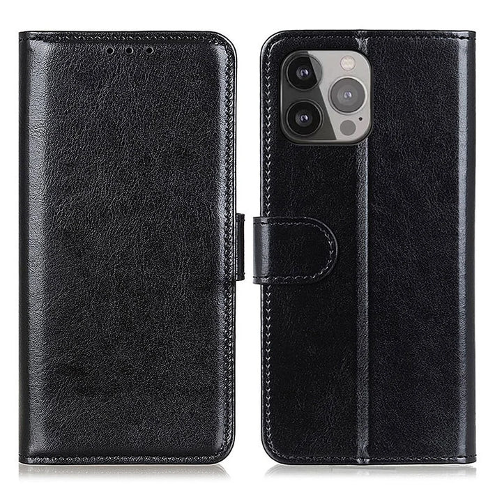 Crazy Horse Texture Design Premium PU Leather Folio Flip Stand Feature Magnetic Closure Case Cover for 	iPhone 13 Pro Max 6.7 inch - Black - 1