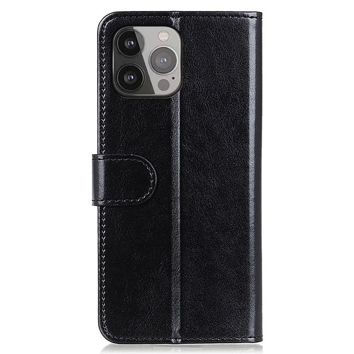 Crazy Horse Texture Design Premium PU Leather Folio Flip Stand Feature Magnetic Closure Case Cover for 	iPhone 13 Pro Max 6.7 inch - Black - 3