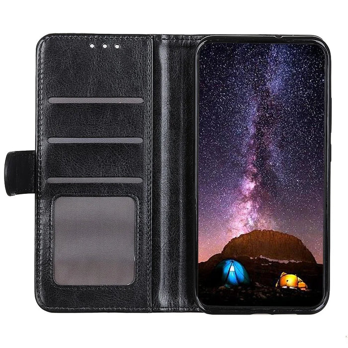 Crazy Horse Texture Design Premium PU Leather Folio Flip Stand Feature Magnetic Closure Case Cover for 	iPhone 13 Pro Max 6.7 inch - Black - 6