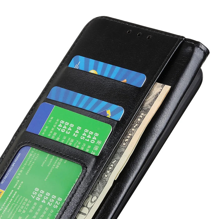 Crazy Horse Texture Design Premium PU Leather Folio Flip Stand Feature Magnetic Closure Case Cover for 	iPhone 13 Pro Max 6.7 inch - Black - 7