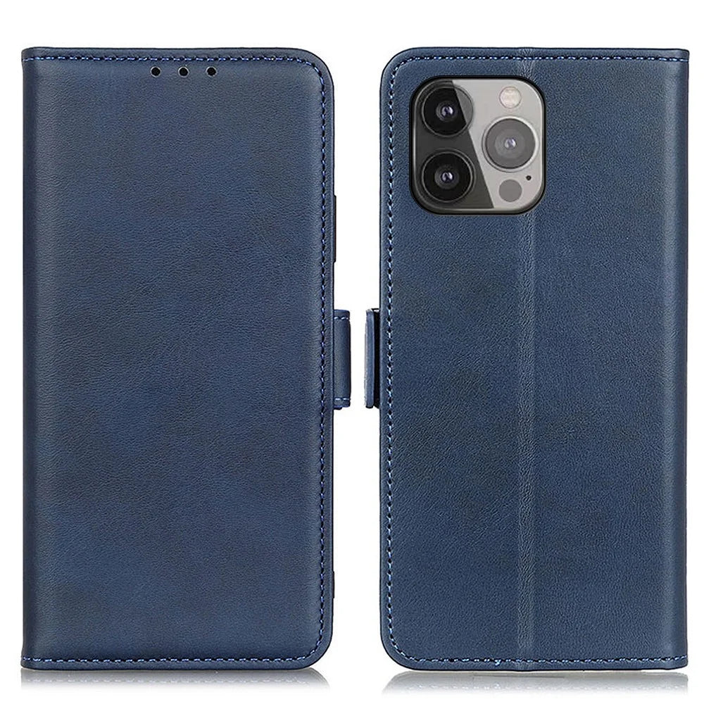 Magnetic Double Clasp Leather Wallet Protective Stand Case for iPhone 13 Pro Max 6.7 inch - Blue - 1