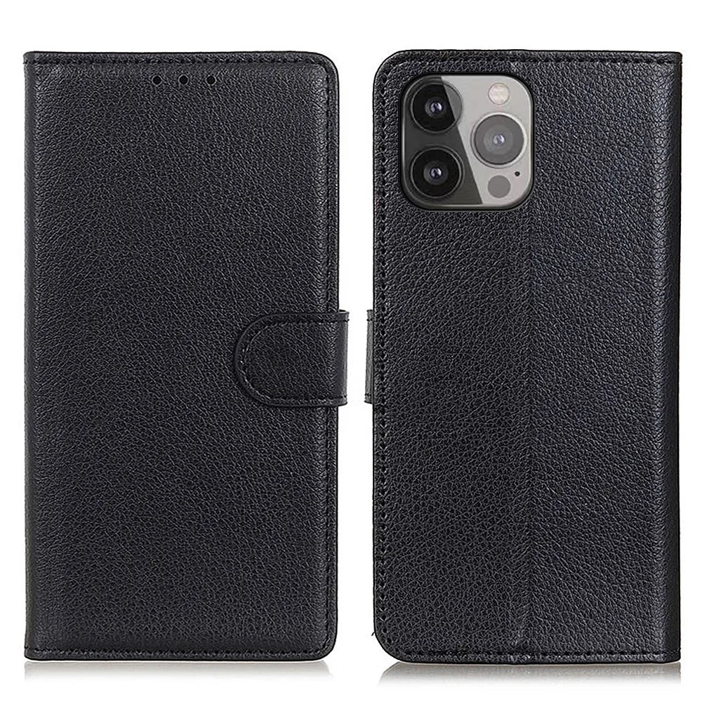 For iPhone 13 Pro Max 6.7 inch Phone Wallet Case Litchi Texture Leather Drop-proof Phone Protector with Stand - Black - 1
