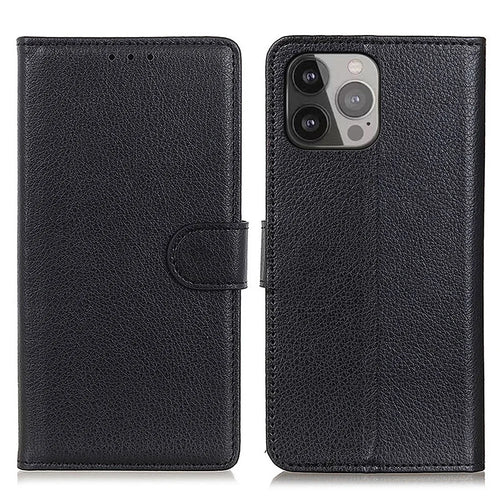 For iPhone 13 Pro Max 6.7 inch Phone Wallet Case Litchi Texture Leather Drop-proof Phone Protector with Stand - Black - 1