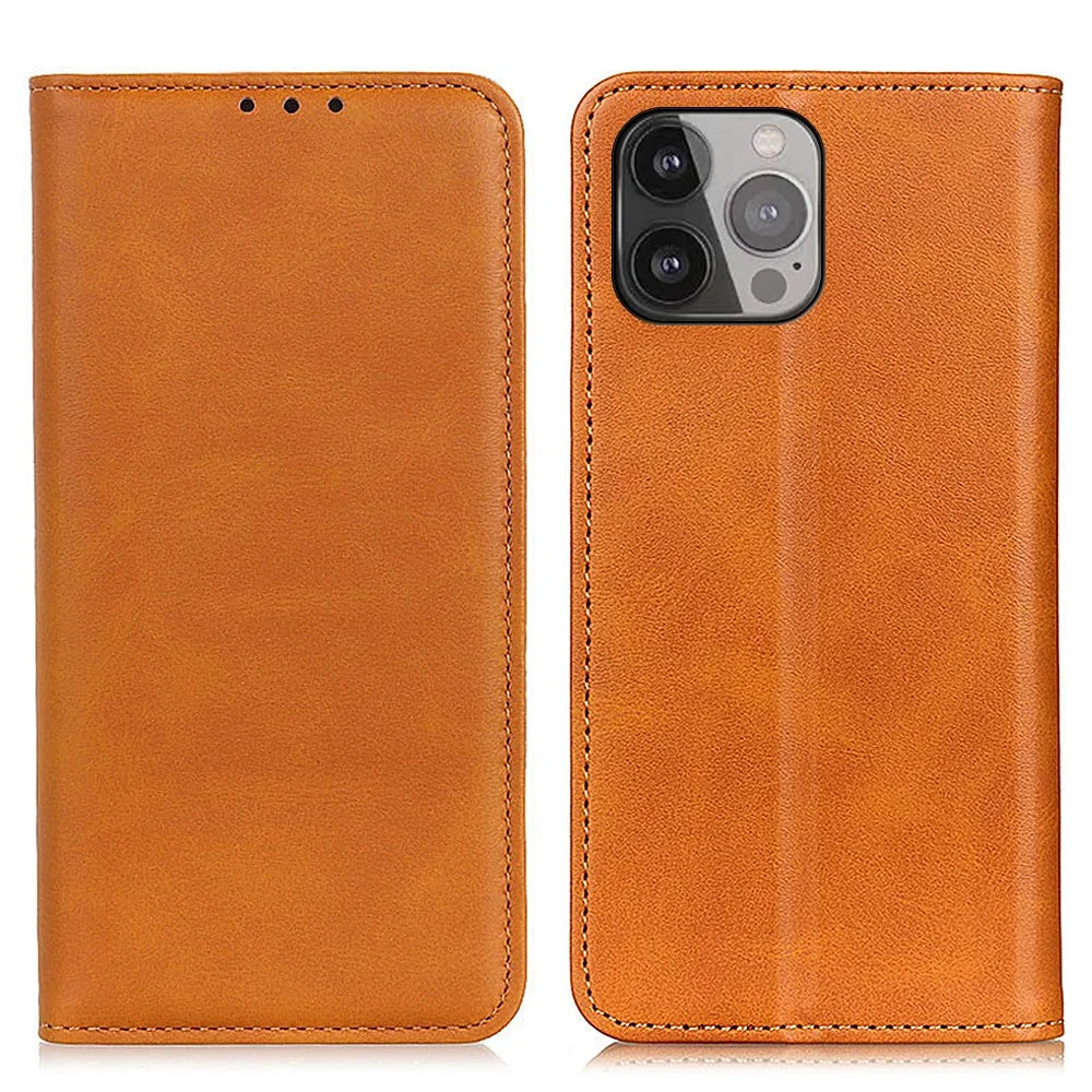 Split Leather Auto-absorbed Wallet Stand Phone Cover for iPhone 13 Pro Max 6.7 inch - Brown - 1