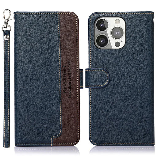 KHAZNEH Litchi Texture RFID Anti-theft Swiping Function Leather Phone Case for iPhone 13 Pro 6.1 inch - Blue - 1