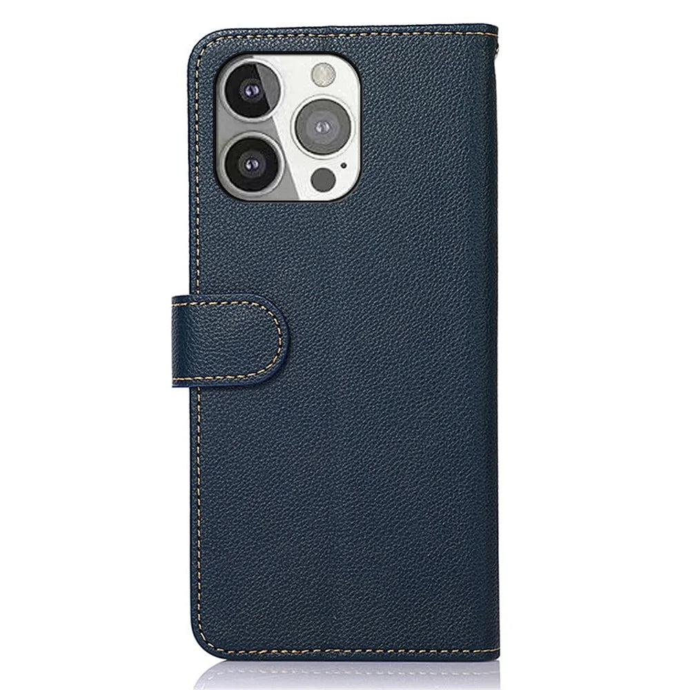 KHAZNEH Litchi Texture RFID Anti-theft Swiping Function Leather Phone Case for iPhone 13 Pro 6.1 inch - Blue - 3
