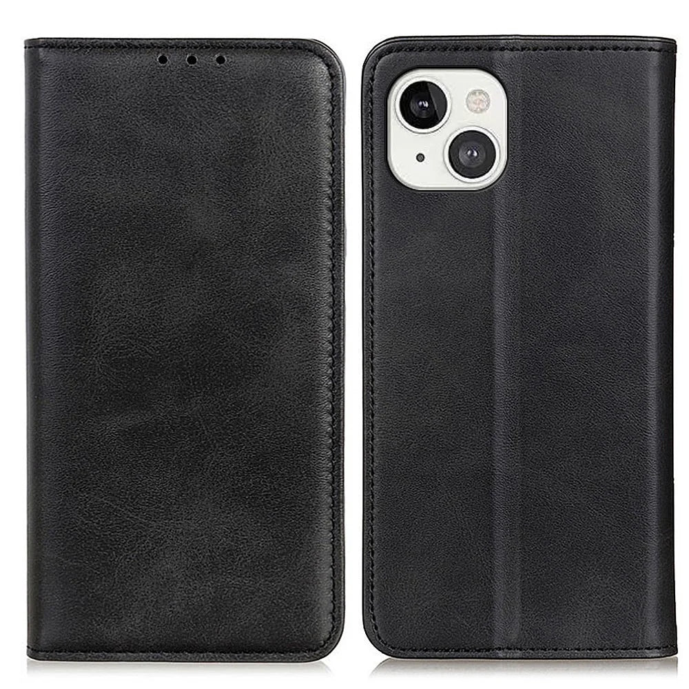 Split Leather Magnetic Auto-absorbed Wallet Phone Stand Shell Case for iPhone 13 6.1 inch - Black - 1