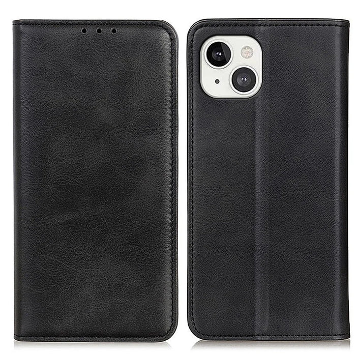 Split Leather Magnetic Auto-absorbed Wallet Phone Stand Shell Case for iPhone 13 6.1 inch - Black - 1