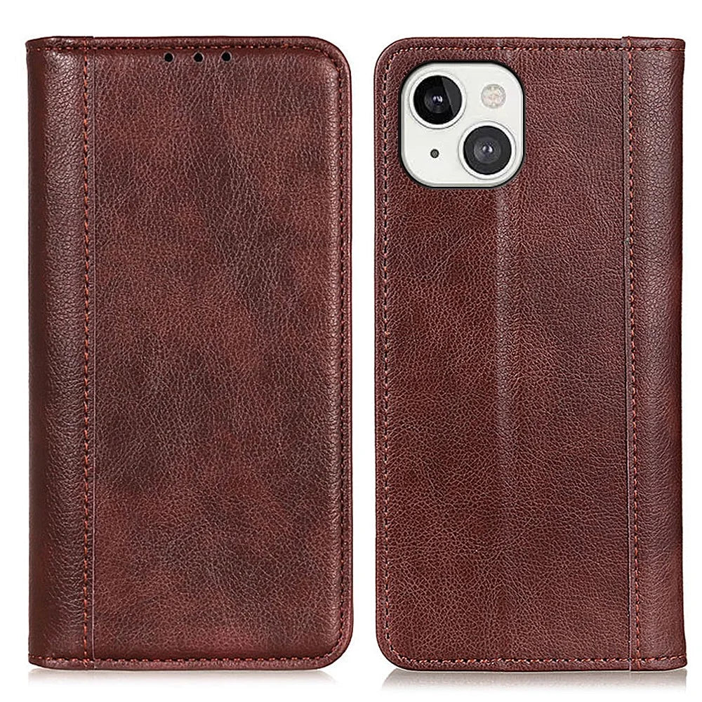 Litchi Texture Split Leather Magnet Absorption Wallet Stand Case Cover for iPhone 13 6.1-inch - Brown - 1