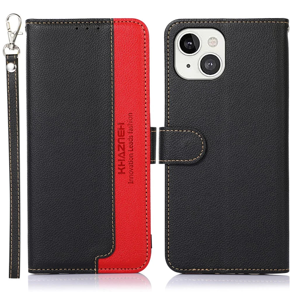 KHAZNEH RFID Design Litchi Texture Anti-theft Swiping Function Leather Phone Case for iPhone 13 6.1 inch - Black - 1