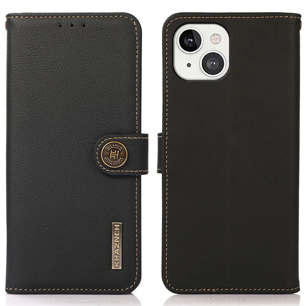KHAZNEH Genuine Leather Flip Case RFID Anti-Theft Business Wallet Cover for iPhone 13 6.1 inch - Black - 1