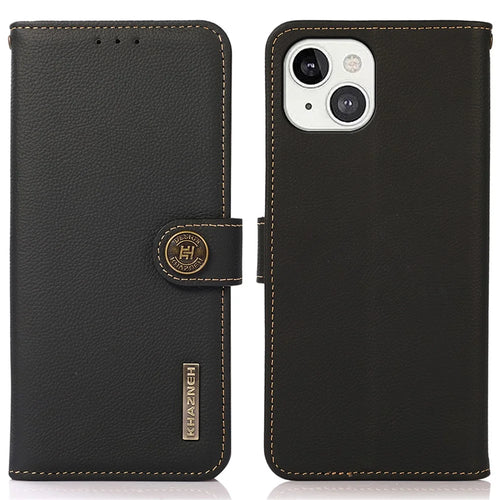 KHAZNEH Genuine Leather Flip Case RFID Anti-Theft Business Wallet Cover for iPhone 13 6.1 inch - Black - 1