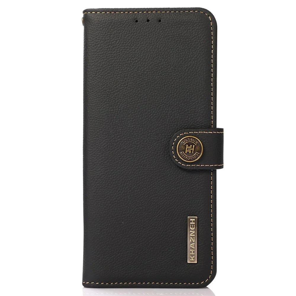KHAZNEH Genuine Leather Flip Case RFID Anti-Theft Business Wallet Cover for iPhone 13 6.1 inch - Black - 2