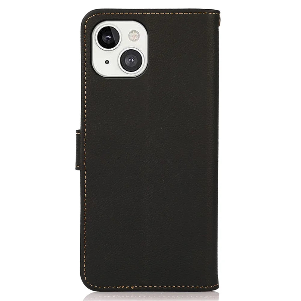KHAZNEH Genuine Leather Flip Case RFID Anti-Theft Business Wallet Cover for iPhone 13 6.1 inch - Black - 3