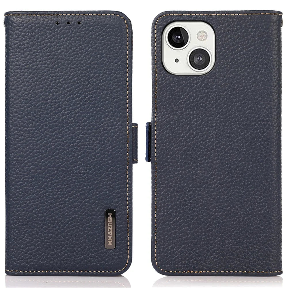 KHAZNEH Litchi Texture RFID Signal Blocking Genuine Leather Wallet Case Privacy Protection Anti-Theft Pouch Case Blocker for iPhone 13 6.1 inch - Blue - 1