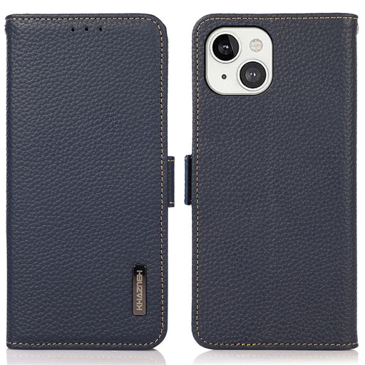 KHAZNEH Litchi Texture RFID Signal Blocking Genuine Leather Wallet Case Privacy Protection Anti-Theft Pouch Case Blocker for iPhone 13 6.1 inch - Blue - 1