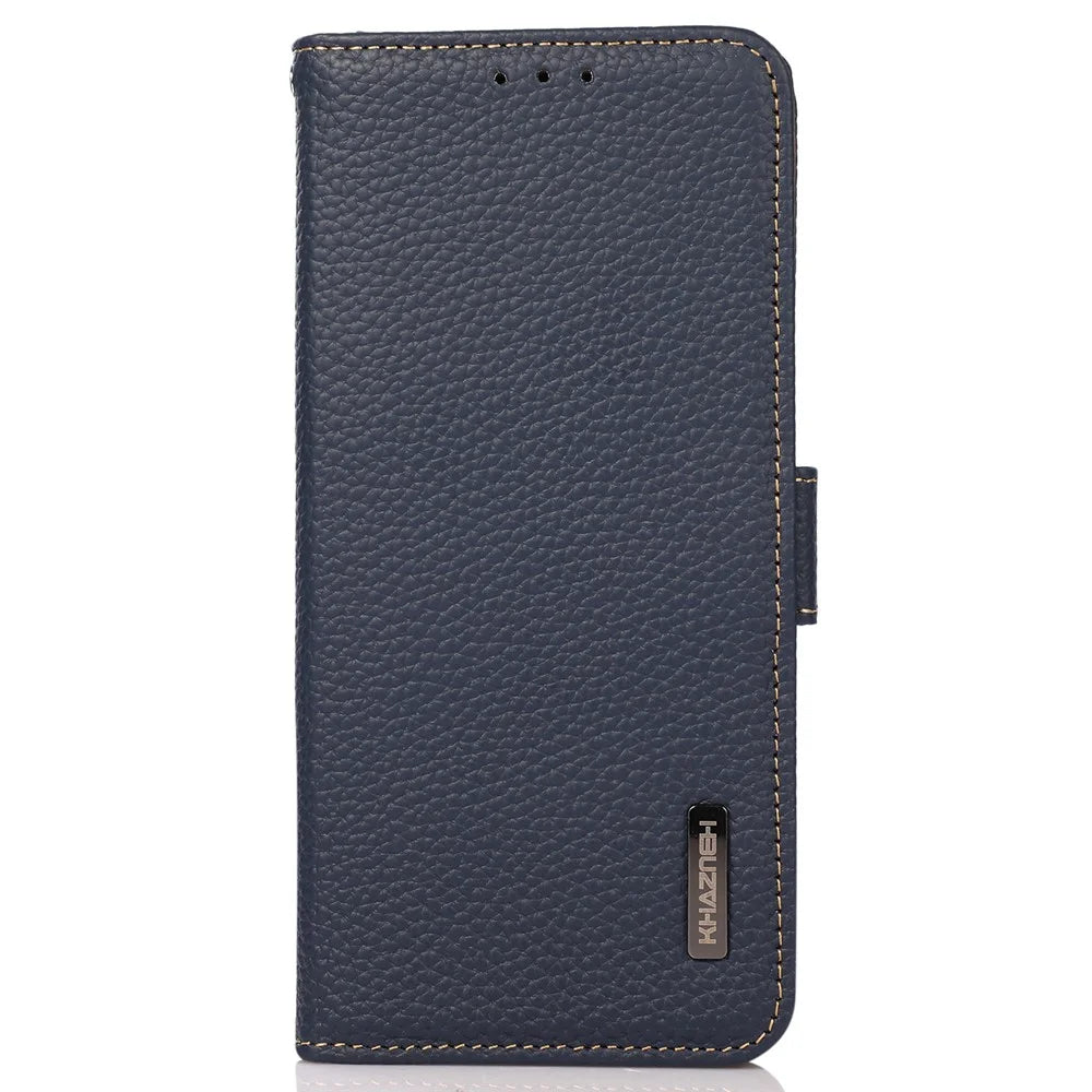 KHAZNEH Litchi Texture RFID Signal Blocking Genuine Leather Wallet Case Privacy Protection Anti-Theft Pouch Case Blocker for iPhone 13 6.1 inch - Blue - 2