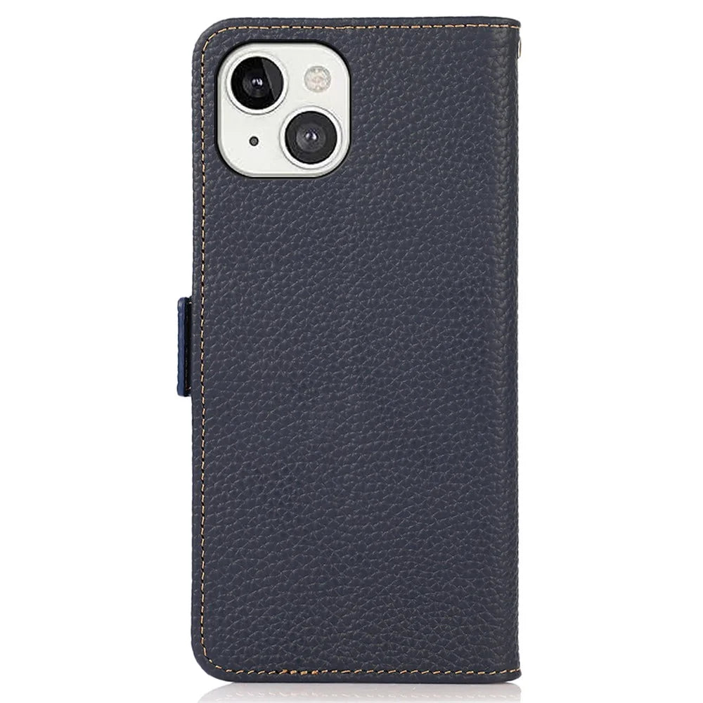 KHAZNEH Litchi Texture RFID Signal Blocking Genuine Leather Wallet Case Privacy Protection Anti-Theft Pouch Case Blocker for iPhone 13 6.1 inch - Blue - 3