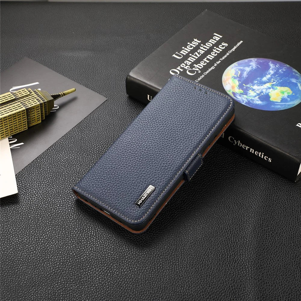 KHAZNEH Litchi Texture RFID Signal Blocking Genuine Leather Wallet Case Privacy Protection Anti-Theft Pouch Case Blocker for iPhone 13 6.1 inch - Blue - 6