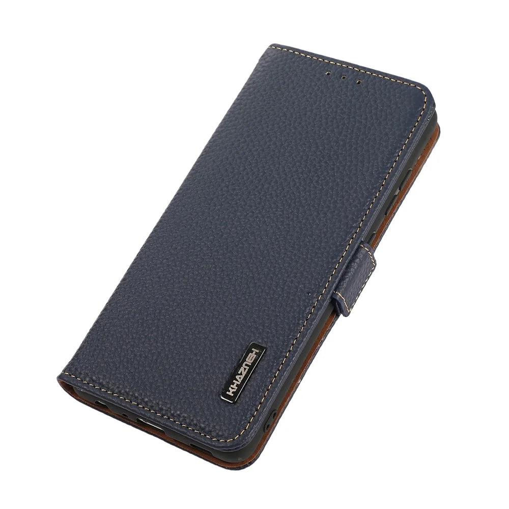 KHAZNEH Litchi Texture RFID Signal Blocking Genuine Leather Wallet Case Privacy Protection Anti-Theft Pouch Case Blocker for iPhone 13 6.1 inch - Blue - 7